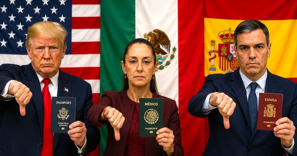 Pasaporte 2026: requisitos de EE.UU., México y España | El Mundo MX Pasaportes internacionales sobre mesa con sellos de inmigración de Estados Unidos, México y España
